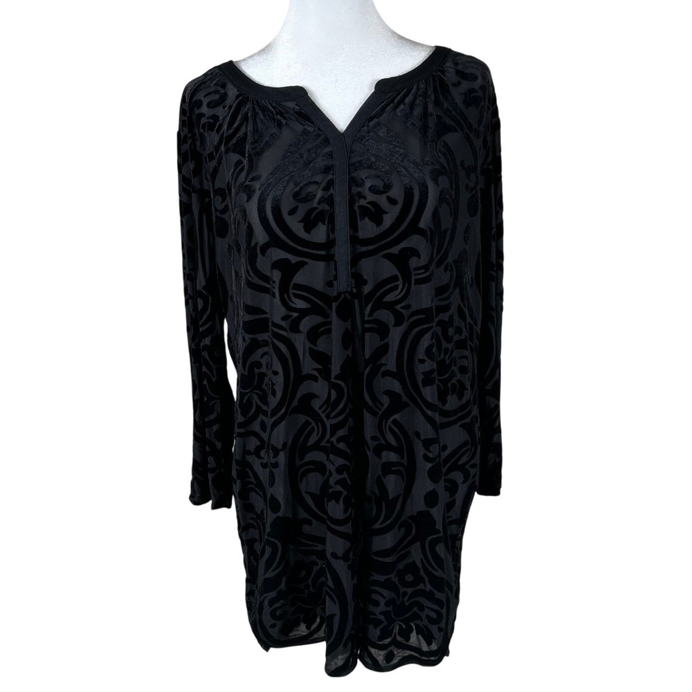 Alfani Tunic Blouse Women L Black Burnout Velvet Damask Sheer Gothic Whimsigoth